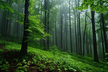 Dense Forest With Tall Trees, Ein von der Sonne durchfluteter Wald.