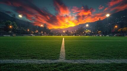 A soccer field with bright lights illuminated by the setting sun is ready to be used for playing