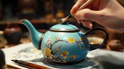 A person is painting a watercolor picture of a blue teapot with yellow and orange flowers.
