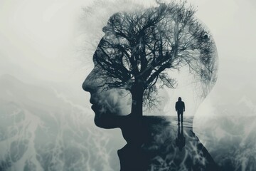 Abstract image of a human profile with a tree as the brain, signifying mental and emotional complexity - obrazy, fototapety, plakaty