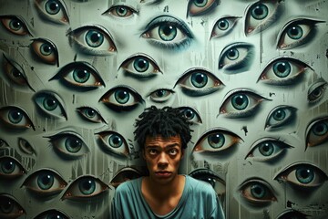 Anxious man feels observed by numerous eyes in a conceptual portrayal of paranoia - obrazy, fototapety, plakaty