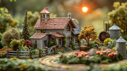 A miniature model of a cozy home in the countryside.