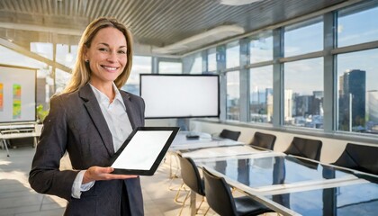 Businesswoman presenting with a Tablet in a Meeting or in the Office - Tablet for Mockup - Template for Representation of Business Application or Website - Web Design Mockup