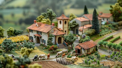 A miniature model of a French village with a church, houses, trees, and animals.
