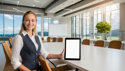 Businesswoman presenting with a Tablet in a Meeting or in the Office - Tablet for Mockup - Template for Representation of Business Application or Website - Web Design Mockup - Powered by Adobe