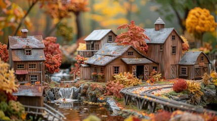 A miniature model train village in the fall. The leaves on the trees are all orange and yellow, and there is a small river running through the village.