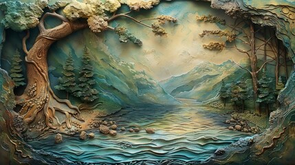 A painting of a mountain landscape with a river running through it. The painting is done in a realistic style and the colors are vibrant and lifelike.