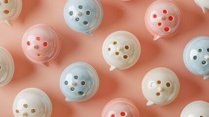 A pattern of colorful plastic egg cookers on a pink background.