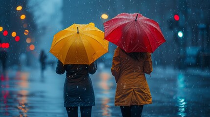Two people with bright yellow and red umbrellas walking on a wet street during a rainy night, illuminated by city lights.