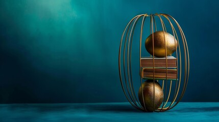 Two vintage books secured in an elegant golden birdcage against a vibrant blue backdrop, symbolizing knowledge containment.