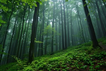Dense Forest With Tall Trees, Ein von der Sonne durchfluteter Wald.