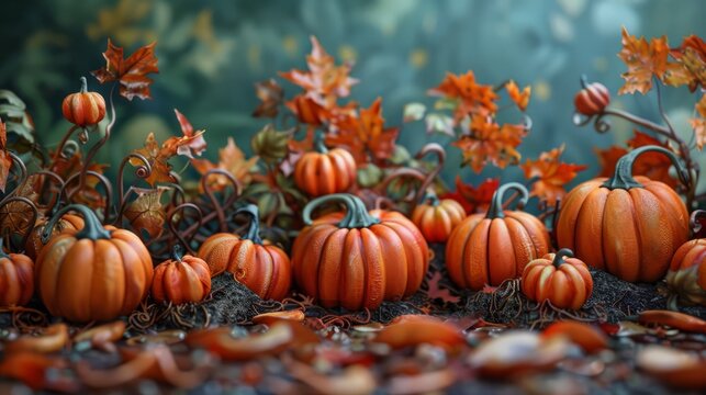 A photo of some pumpkins in a field with a bunch of fall leaves and vines