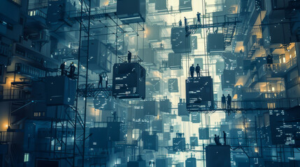 A futuristic cityscape with people working on the top of buildings