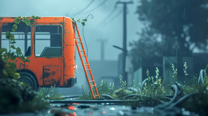 A bus with a ladder on the side is parked in a grassy area