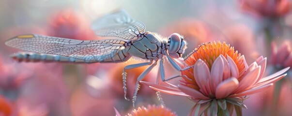 A mesh model of a dragonfly landing on a flower, detailed wing textures