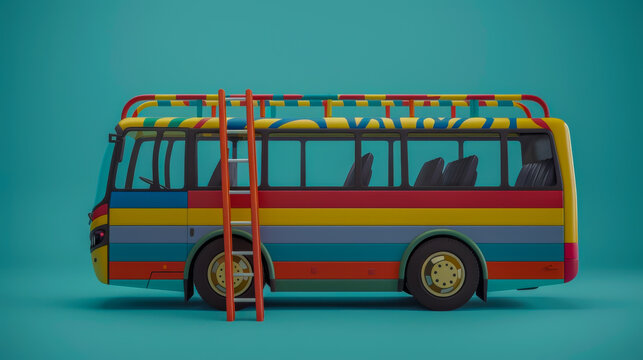 A colorful bus with a ladder on the side
