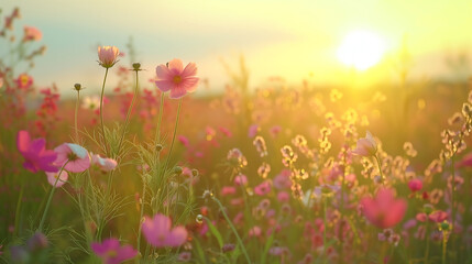 Landscape nature background of beautiful flower field on sunset