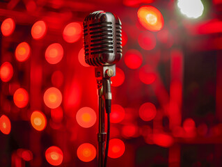 A microphone is on a stand in front of a red background