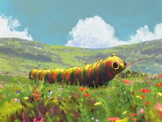 A colorful caterpillar is crawling through a field of flowers - obrazy, fototapety, plakaty