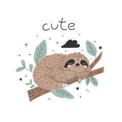 Cute sloth on a white background. Vector illustration for printing. Cute children's background © Дмитрий Бондаренко