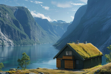 A Norwegian craftsman house in a fjord setting, with a grass-covered roof, surrounded by towering mountains and deep, blue waters, under the midnight sun.