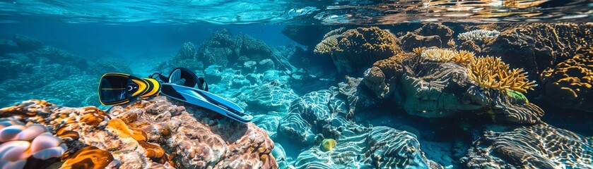 A snorkel and fins left on a rock, with a coral reef visible in the clear water below