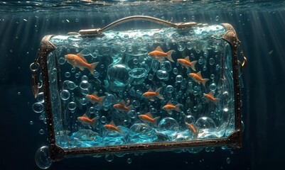 underwater scene with a suitcase filled with bubbles and goldfish swimming around it. - obrazy, fototapety, plakaty