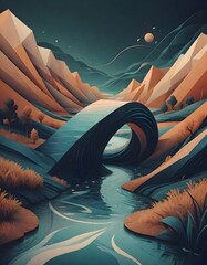 Vivid geometric landscape featuring a flowing river, colorful mountains, and dynamic textures, Generative AI.