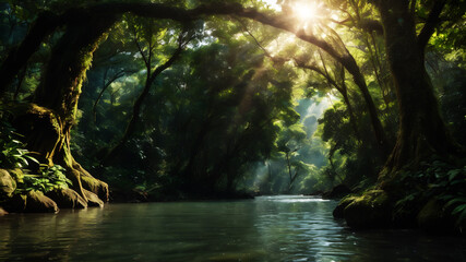 Fototapeta premium A peaceful river winding through a dense forest, with sunlight filtering through the canopy and dappling the water's surface