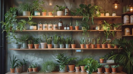 An image of a plant shop with wooden shelves filled with various potted plants and cacti.