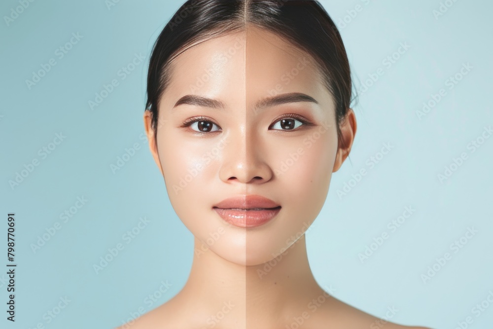 Poster old woman defies aging with less wrinkle symmetry, showing split aging process and composite skin ca