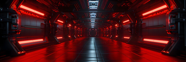 3d render of a train, 3d rendering of realistic scifi dark corridor with red light