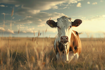 A cow is laying in a field of tall grass - obrazy, fototapety, plakaty