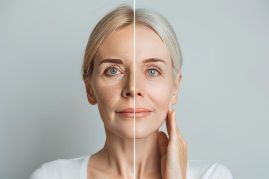 Get wrinkles contrast with anti aging cream transformation, split skin represented in aging care and anti-wrinkle eye generational care benefits.