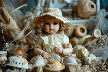 A doll is sitting on a table with a white hat and a yellow vase