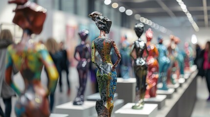 Colorful sculptures of women on display in an art gallery