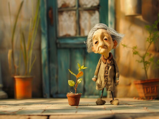 A small, old woman stands next to a potted plant - obrazy, fototapety, plakaty