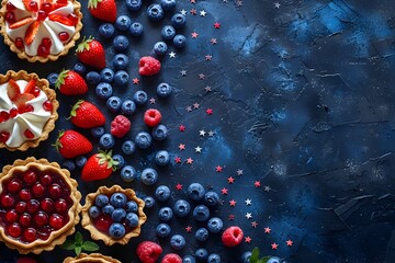 Assorted Fresh Summer Berries and Fruit Tarts on Rustic Wooden Background - obrazy, fototapety, plakaty