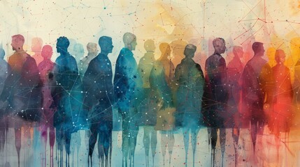 Colorful watercolor painting of people of various ethnicities and genders, interconnected by a glowing network of stars.