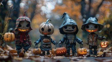 Four cute Halloween scarecrows in the woods