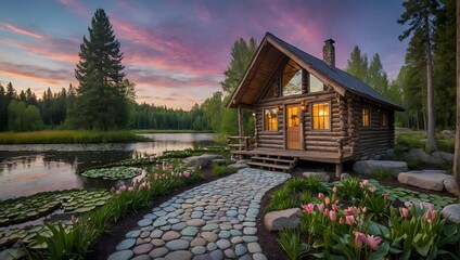A quaint cabin constructed from pastel-colored, circular rocks is set amidst lush trees. This cabin is accessed by a cobblestone pathway, also in soft pastel shades, that leads to the cabin and contin
