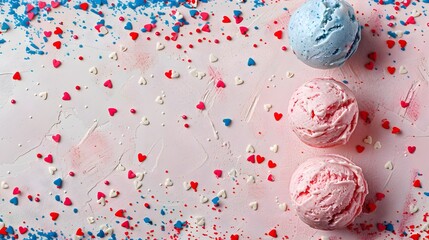 Festive Ice Cream Treat with Colorful Splatter Pattern Background - obrazy, fototapety, plakaty