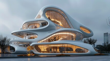 futuristic building made of white concrete with lots of glass windows