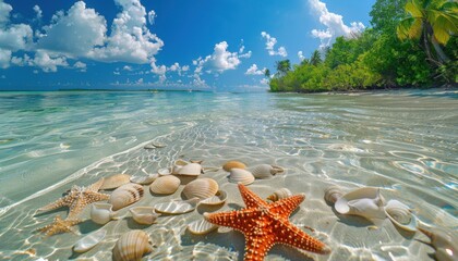 Tropical beach paradise with seashells and starfish
