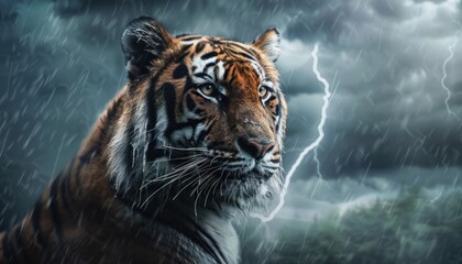 Majestic tiger in storm with lightning