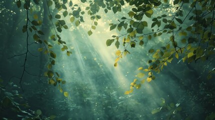 Green leaves of the tree against the background of the sun's rays