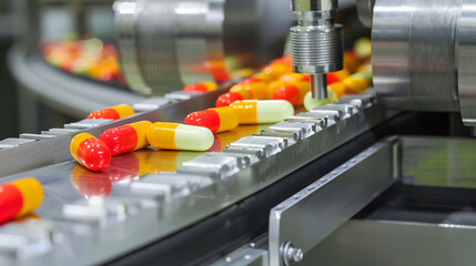 Pharmaceutical machine processing colorful medicine capsules in a sterile environment