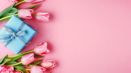 Mother's Day decorations concept with a blue gift box amidst vibrant pink tulips