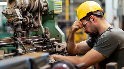 Exhausted Factory Worker Taking a Break During a Challenging Shift in Industrial Manufacturing