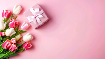 Mother's Day concept with top view of stylish gift and fresh tulips on a pink background